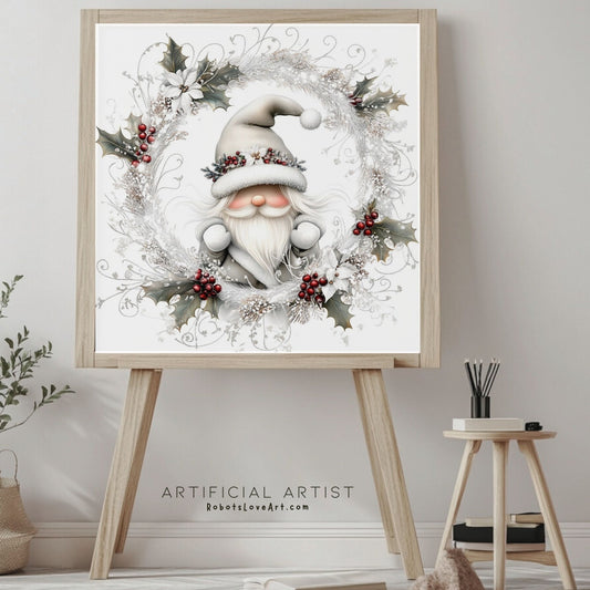Christmas Gnome Decor| Instant Download | Digital AI Art | Fantasy White Christmas Wall Art