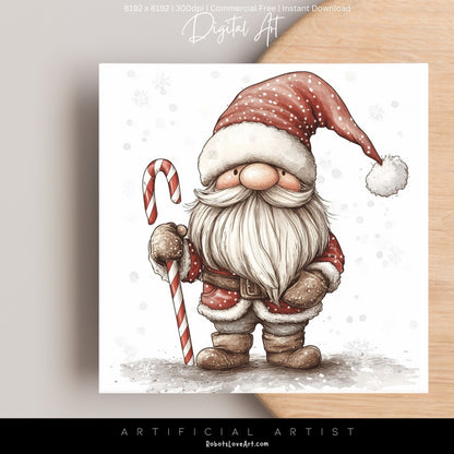 Christmas Cane Gnome Decor| Instant Download | Digital AI Art | Fantasy Wall Art