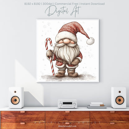 Christmas Cane Gnome Decor| Instant Download | Digital AI Art | Fantasy Wall Art