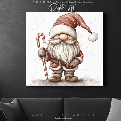 Christmas Cane Gnome Decor| Instant Download | Digital AI Art | Fantasy Wall Art