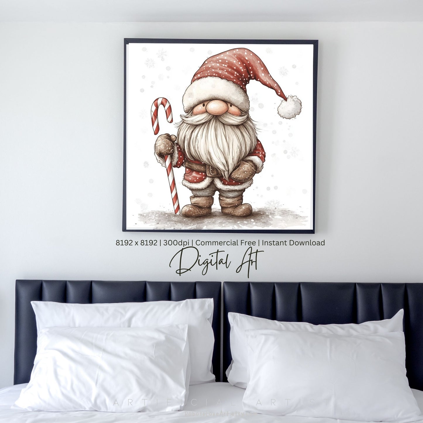 Christmas Cane Gnome Decor| Instant Download | Digital AI Art | Fantasy Wall Art