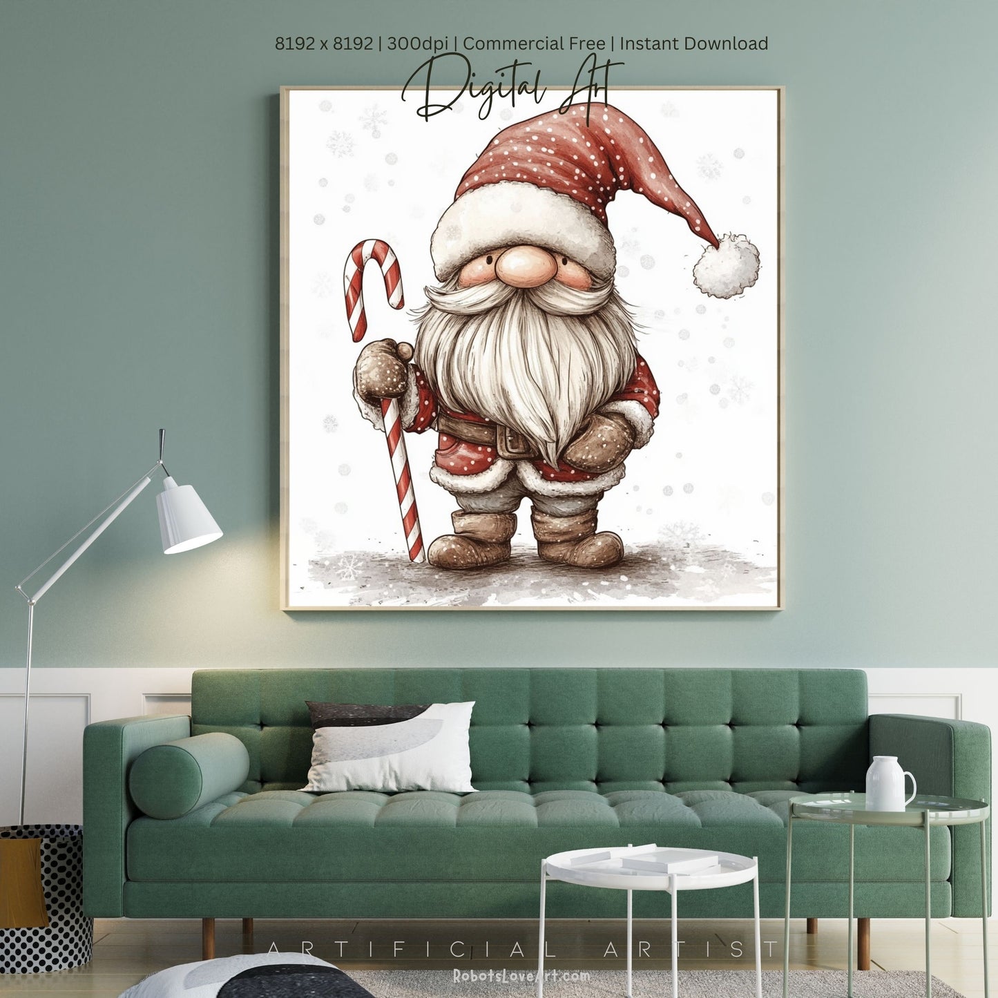 Christmas Cane Gnome Decor| Instant Download | Digital AI Art | Fantasy Wall Art
