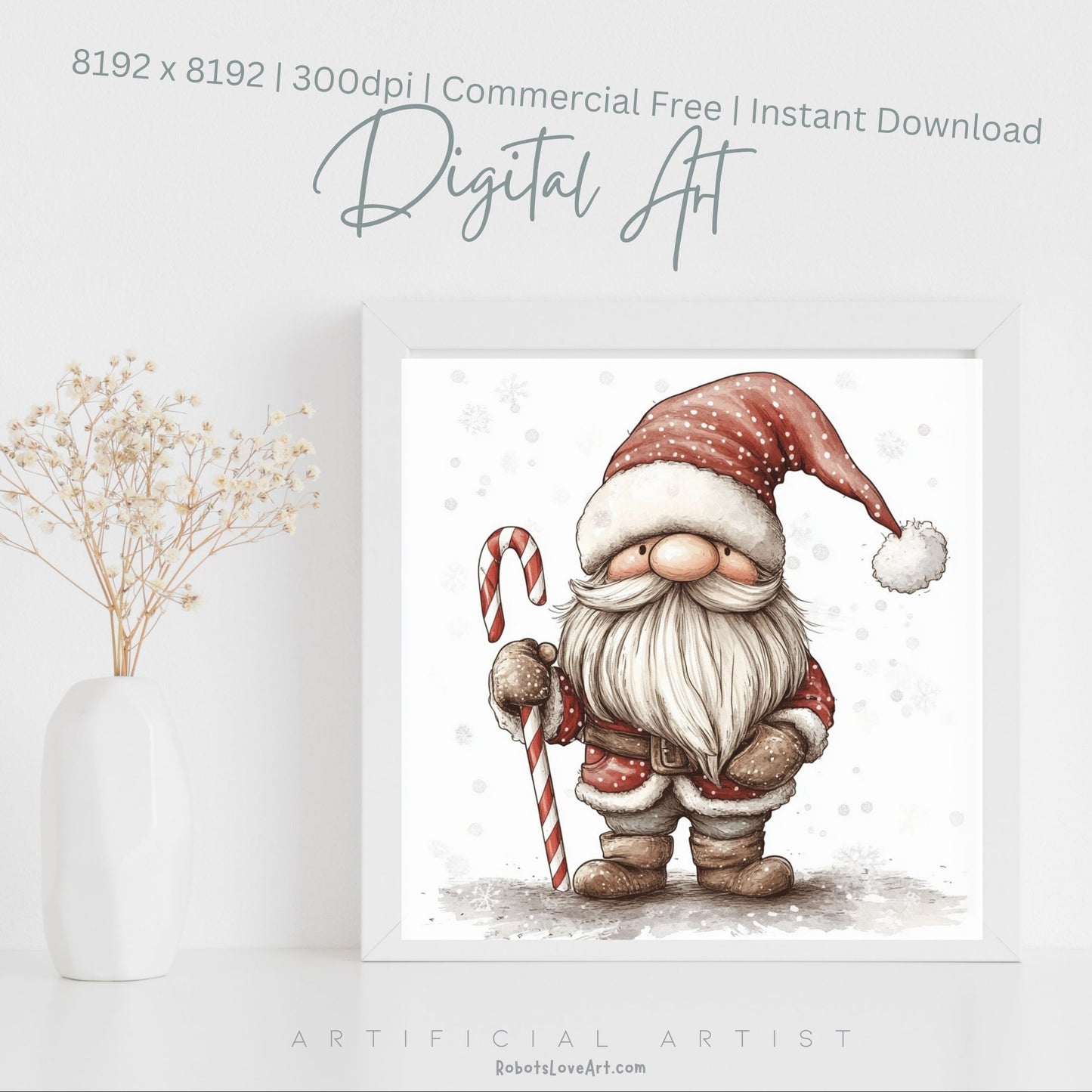 Christmas Cane Gnome Decor| Instant Download | Digital AI Art | Fantasy Wall Art