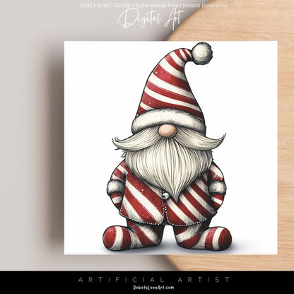 Christmas Cane Gnome Suit | Instant Download | Digital AI Art | Festive Gnome Wall Art