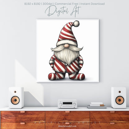 Christmas Cane Gnome Suit | Instant Download | Digital AI Art | Festive Gnome Wall Art