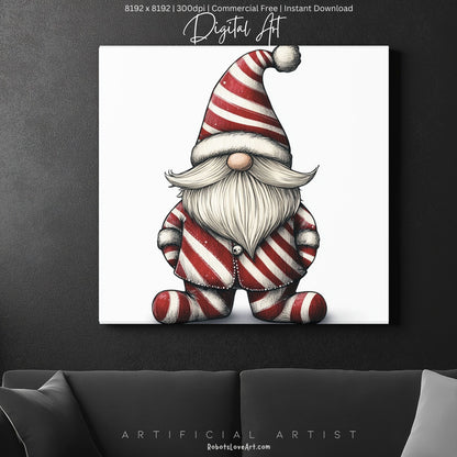 Christmas Cane Gnome Suit | Instant Download | Digital AI Art | Festive Gnome Wall Art