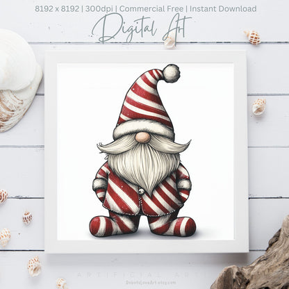 Christmas Cane Gnome Suit | Instant Download | Digital AI Art | Festive Gnome Wall Art