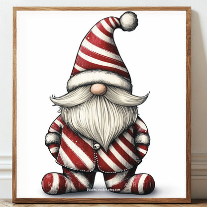 Christmas Cane Gnome Suit | Instant Download | Digital AI Art | Festive Gnome Wall Art
