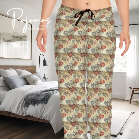 Cottagecore Women's Pajama Pants with Heart Design, Relaxed Fit, Sleepwear
