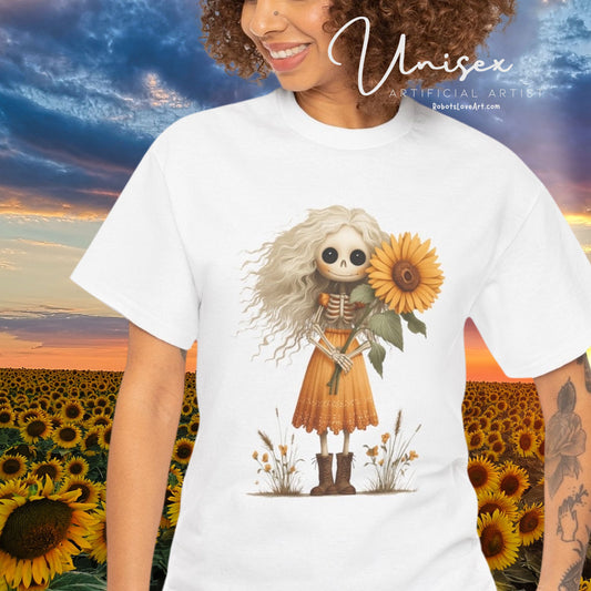 Sunflower Gothic Girl Unisex Cotton Tee, Boho T-Shirt, Gift for Autumn, Casual Wear, Harvest Festival Top, Halloween Shirt