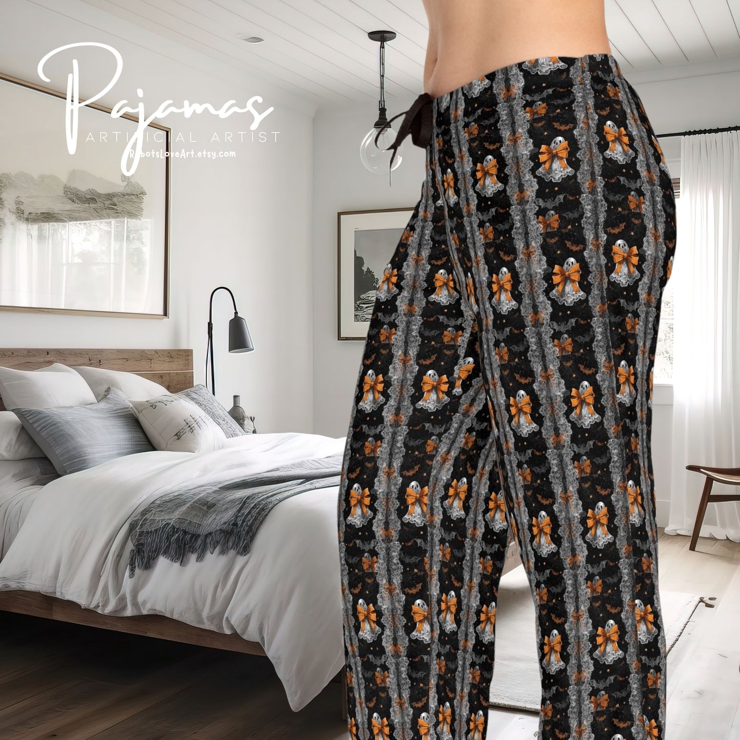 Cute Halloween Ghost Lace Paatern Women's Pajama Pants, Gifts for Her