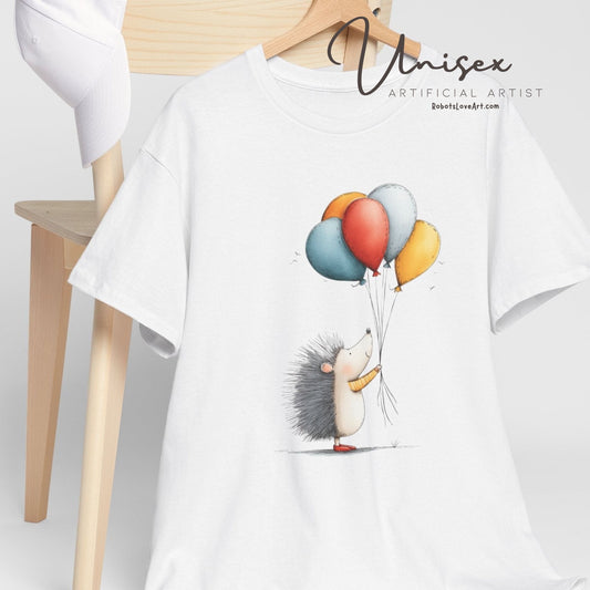 Adorable Hedgehog Balloon Tee, Cute Animal T-Shirt, Unisex Casual Wear, Birthday Gift, Fun Graphic Top