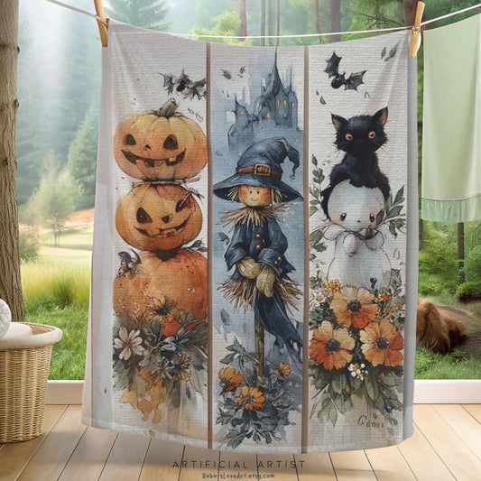 Halloween-Themed Velveteen Plush Blanket, Cozy Blanket for Fall, Scary Pumpkin Blanket, Home Decor, Gift for Halloween Lovers