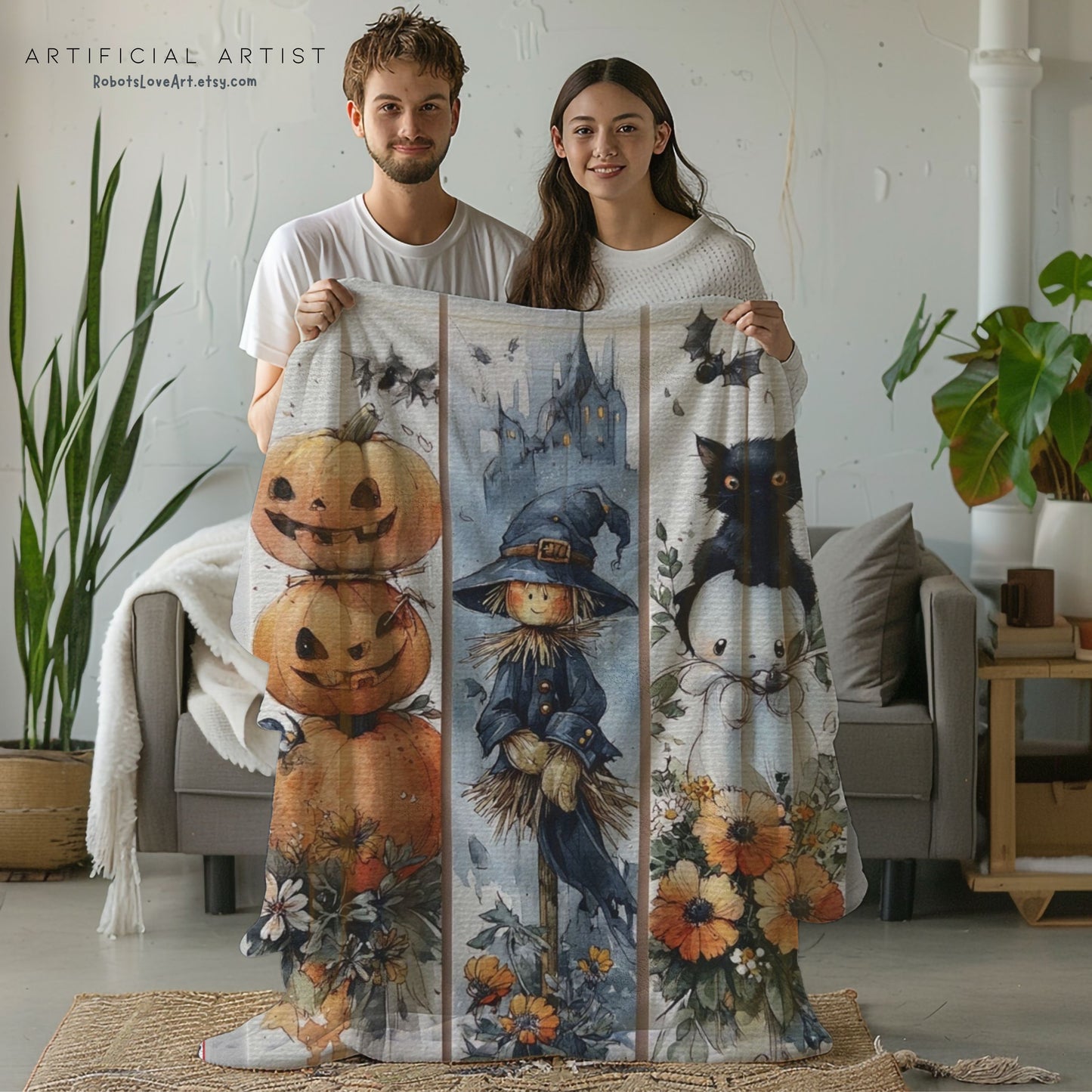 Halloween-Themed Velveteen Plush Blanket, Cozy Blanket for Fall, Scary Pumpkin Blanket, Home Decor, Gift for Halloween Lovers