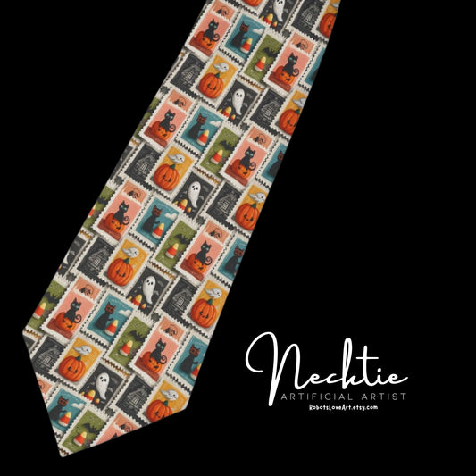 Colorful Vintage Looking Necktie | Ghost Stamps | Accessory for Fall Weddings, Halloween Office Wear | Fun & Fashionable Tie