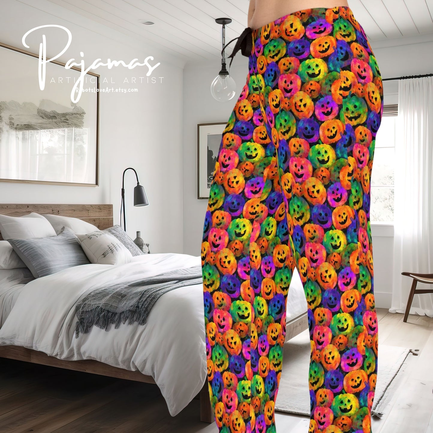Rainbow Colors Halloween Pumpkin Pattern Women's Pajama Pants, Spooky Season Loungewear