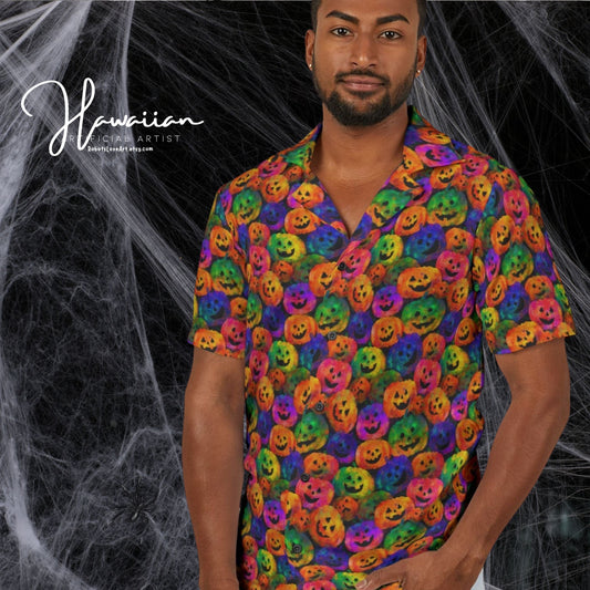 Colorful Halloween Camp Shirt for Men, Perfect for Summer Parties, Beach Days, Halloween Celebrations, Casual Outings, Lively Style
