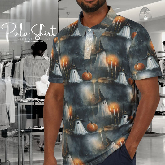 Spooky Halloween Polo Shirt, Ghost Pattern Tee, Unisex AOP Shirt, Festive Autumn Apparel, Unique Holiday Gift
