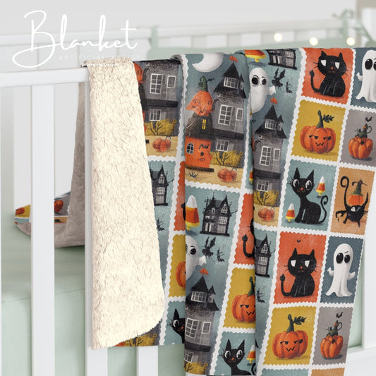 Cozy Halloween Tile Sherpa Blanket, Soft Fleece Throw for Fall Decor, Pumpkin and Ghost Design, Perfect Gift for Spooky Season, Home Comfort
