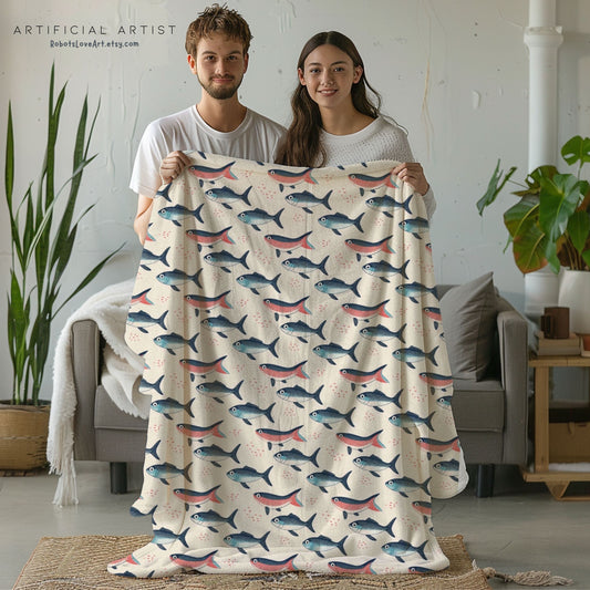 Whimsical Red Blue Carp Velveteen Plush Blanket, Cozy Home Decor for Fisherman Tan Background