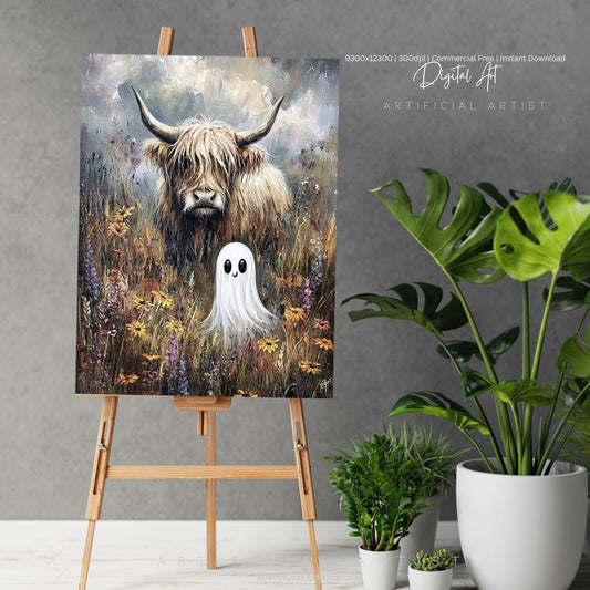 Highland Cow Halloween Ghost | Instant Download | Digital AI Art | Homesteaders Wall Art | Fall Decor