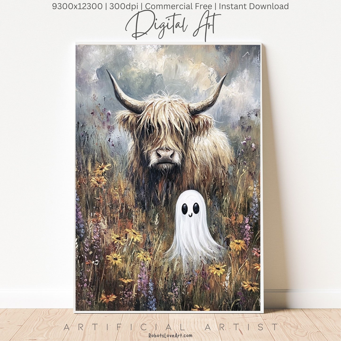 Highland Cow Halloween Ghost | Instant Download | Digital AI Art | Homesteaders Wall Art | Fall Decor