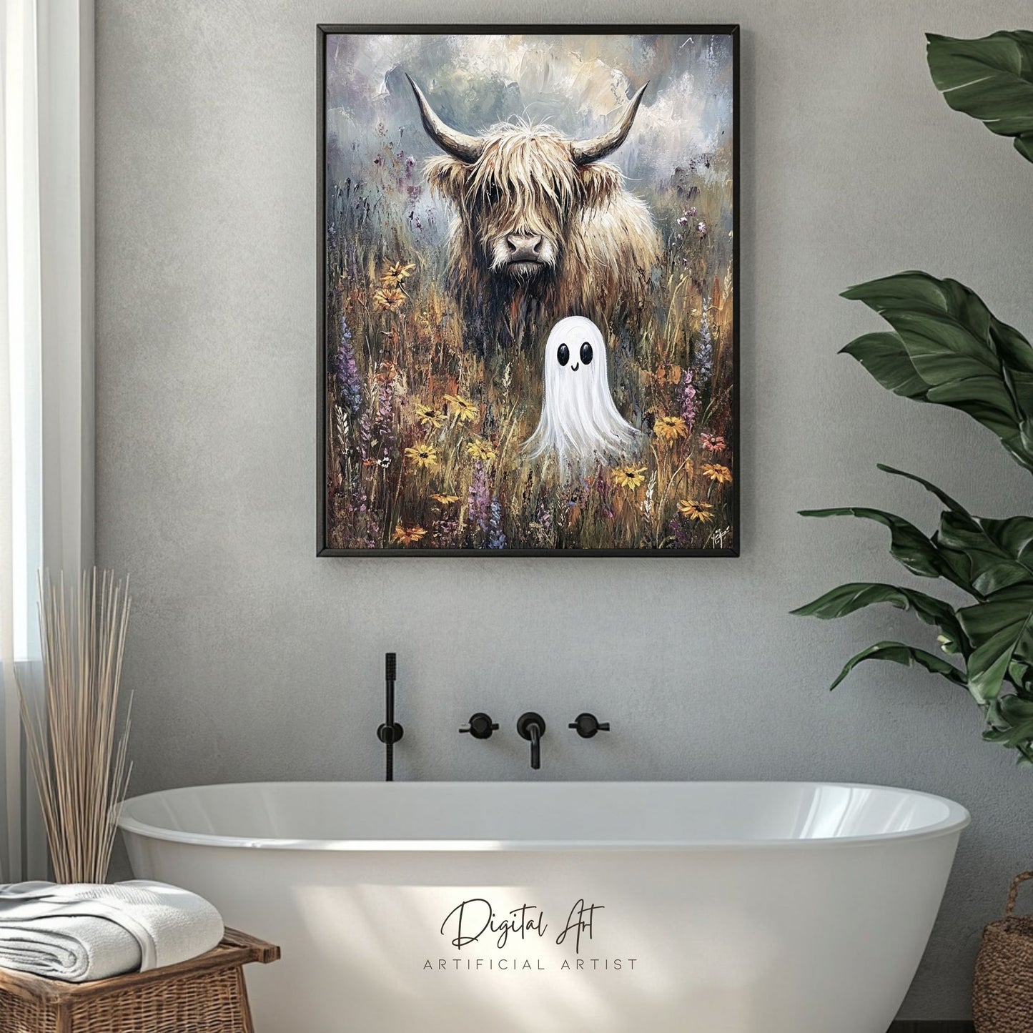 Highland Cow Halloween Ghost | Instant Download | Digital AI Art | Homesteaders Wall Art | Fall Decor