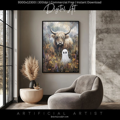 Highland Cow Halloween Ghost | Instant Download | Digital AI Art | Homesteaders Wall Art | Fall Decor