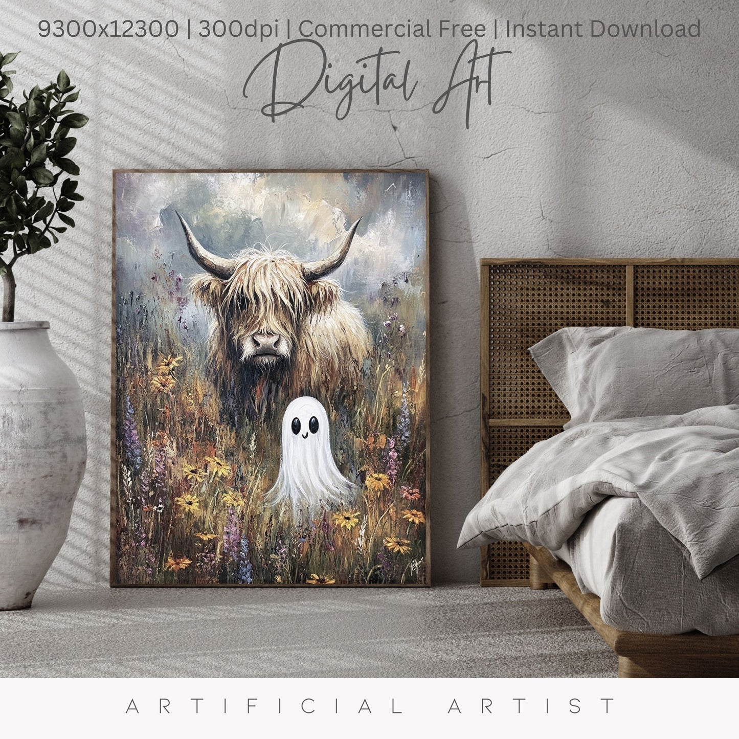 Highland Cow Halloween Ghost | Instant Download | Digital AI Art | Homesteaders Wall Art | Fall Decor