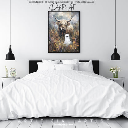 Highland Cow Halloween Ghost | Instant Download | Digital AI Art | Homesteaders Wall Art | Fall Decor
