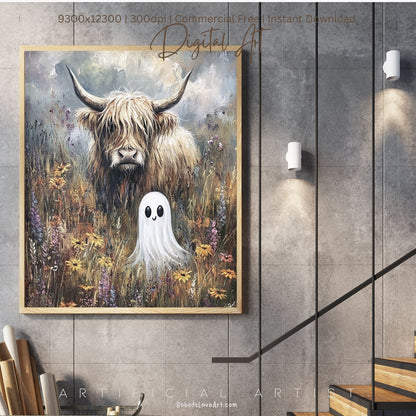 Highland Cow Halloween Ghost | Instant Download | Digital AI Art | Homesteaders Wall Art | Fall Decor