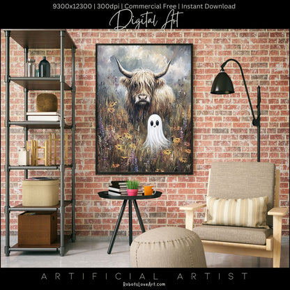Highland Cow Halloween Ghost | Instant Download | Digital AI Art | Homesteaders Wall Art | Fall Decor