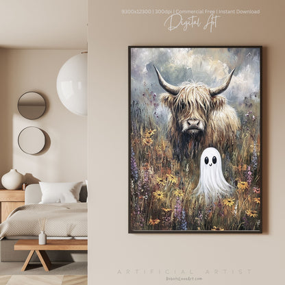 Highland Cow Halloween Ghost | Instant Download | Digital AI Art | Homesteaders Wall Art | Fall Decor