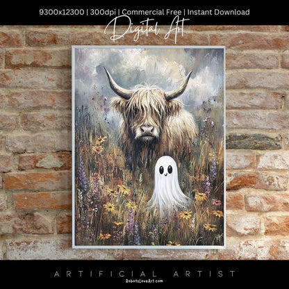 Highland Cow Halloween Ghost | Instant Download | Digital AI Art | Homesteaders Wall Art | Fall Decor