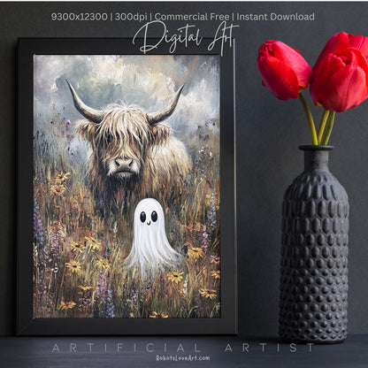 Highland Cow Halloween Ghost | Instant Download | Digital AI Art | Homesteaders Wall Art | Fall Decor