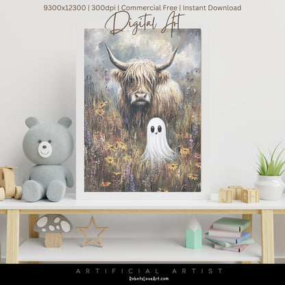 Highland Cow Halloween Ghost | Instant Download | Digital AI Art | Homesteaders Wall Art | Fall Decor