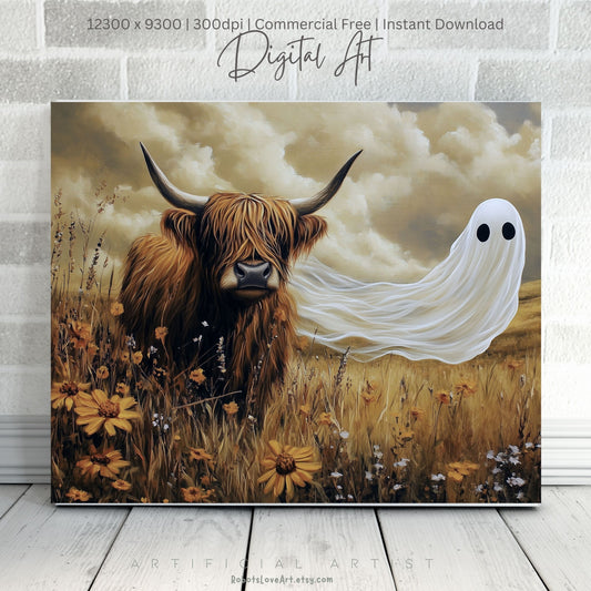 Scottish Highland with a Ghost| Instant Download | Digital AI Art | Cow Wall Art | Fall Decor