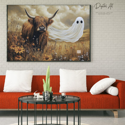 Scottish Highland with a Ghost| Instant Download | Digital AI Art | Cow Wall Art | Fall Decor