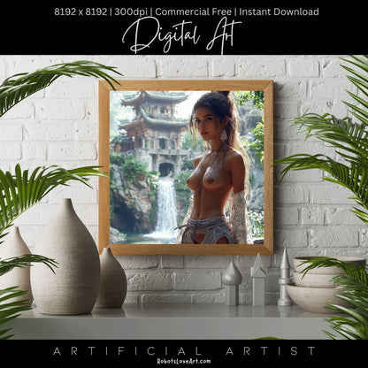 Beautiful Oriental Dwelling w Hot Topless Babe | Instant Download | Sexy Digital AI Art