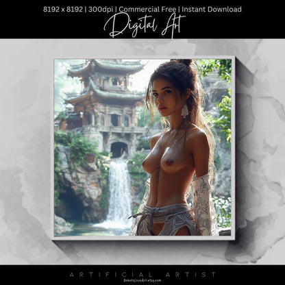 Beautiful Oriental Dwelling w Hot Topless Babe | Instant Download | Sexy Digital AI Art