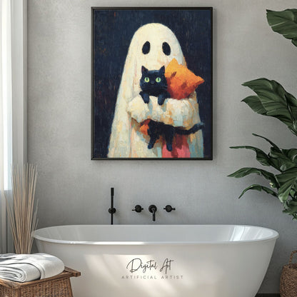 Ghost Cat | Instant Download | Digital AI Art | Halloween Wall Art | Cute Halloween
