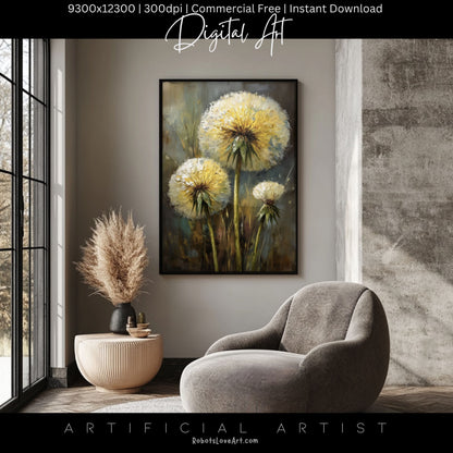 Wild Country Dandelion Portrait | Instant Download | Digital AI Art | Homestead Decor