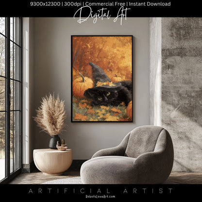 Black Halloween Witch’s Cat | Instant Download | Digital AI Art | Halloween Wall Art | Fall Decor