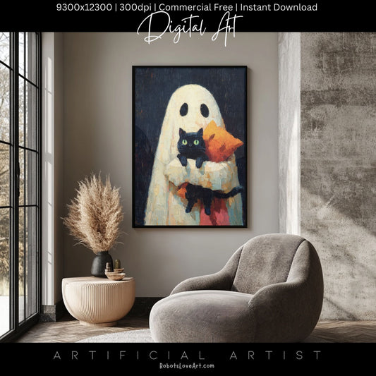 Ghost Cat | Instant Download | Digital AI Art | Halloween Wall Art | Cute Halloween