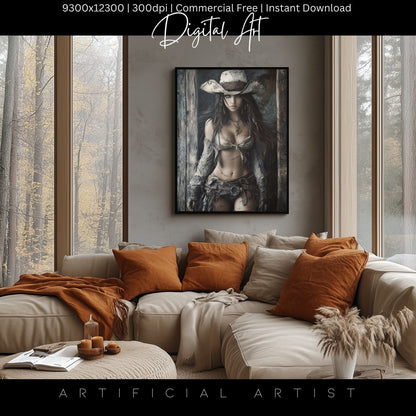 Ready to Draw Girl | Instant Download | Fantasy Digital AI Art | Hot Cowgirl