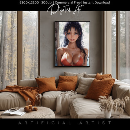 Anime Busty Beauty Blue Eyes in Orange Bikini | Instant Download | Fantasy Digital AI Art