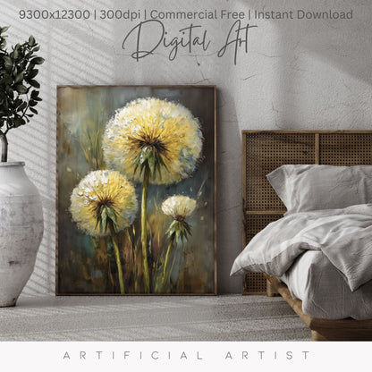 Wild Country Dandelion Portrait | Instant Download | Digital AI Art | Homestead Decor