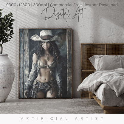 Ready to Draw Girl | Instant Download | Fantasy Digital AI Art | Hot Cowgirl