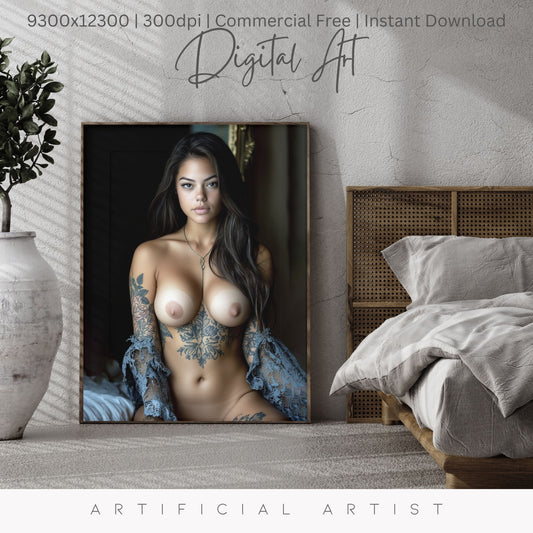 Topless Blue Lace in Bed | Instant Download | Fantasy Digital AI Art | Big Boobs Beautiful