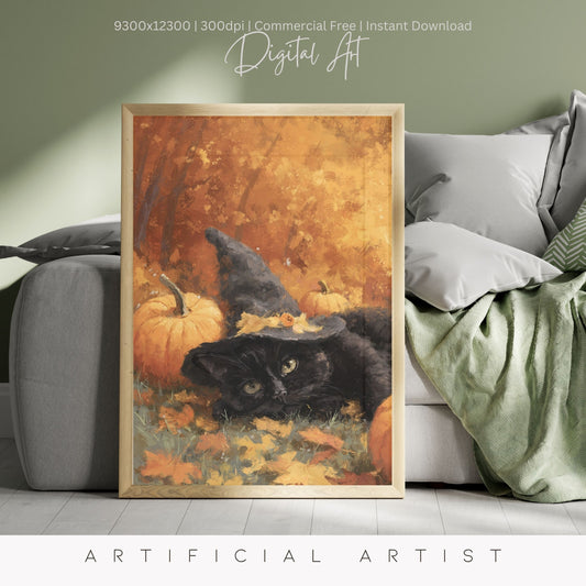 Black Halloween Witch’s Cat | Instant Download | Digital AI Art | Halloween Wall Art | Fall Decor